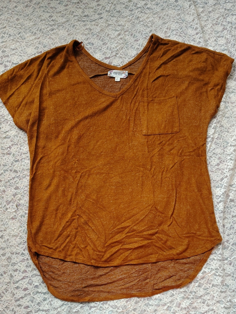 Burnt Orange, Pink Rose Top, Size L